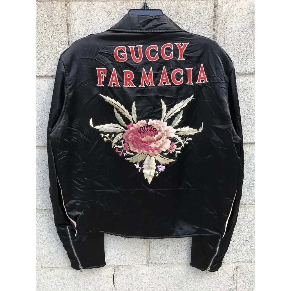 GUCCI Guccy Farmacia Embroidery Satin Biker Jacket Black Sz 44